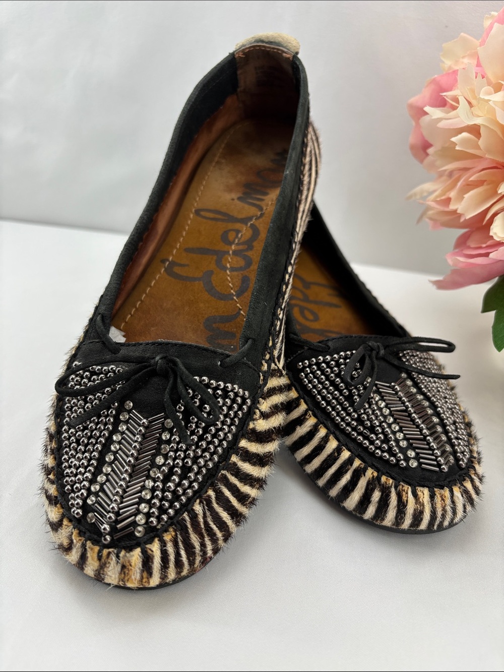 Sam Edelman Womens 8.5 Black & Cream Zebra-Print Studded Ballet Flats #733 - Picture 4 of 15